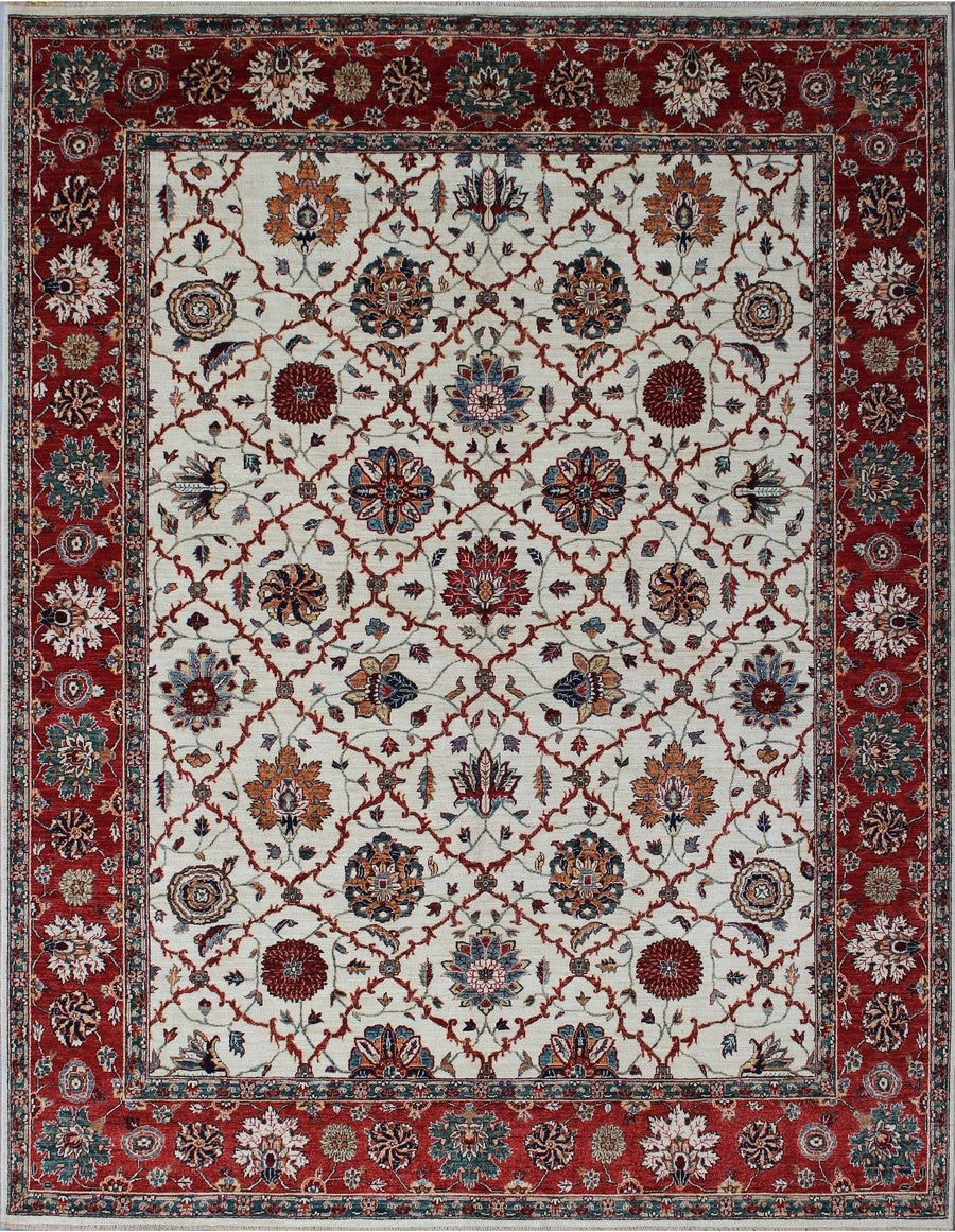 Elegant Ivory and Rust Red Floral Woolen Rug 51SK307 - 8 X 10