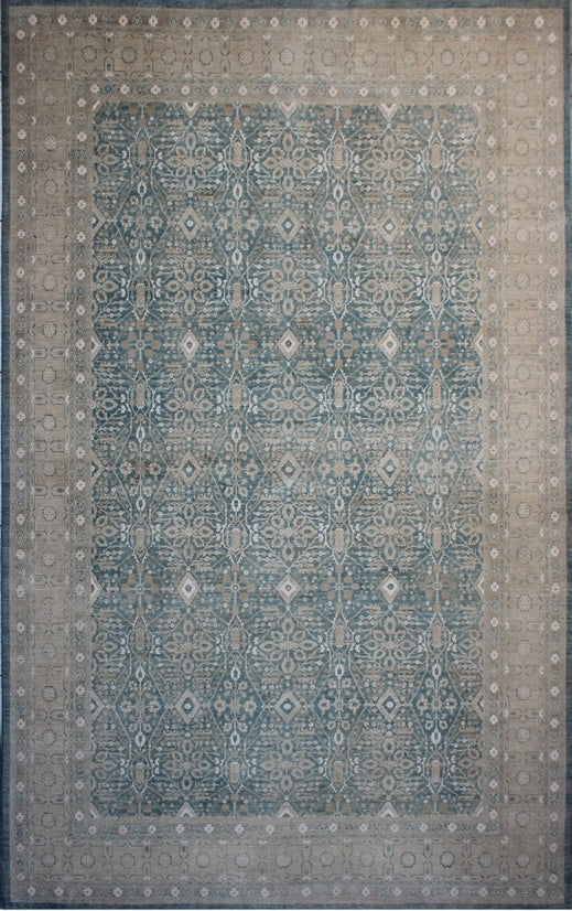 Elegance in Silver and Blue: Traditional Woolen Rug 90SK1279 - 14 X 20