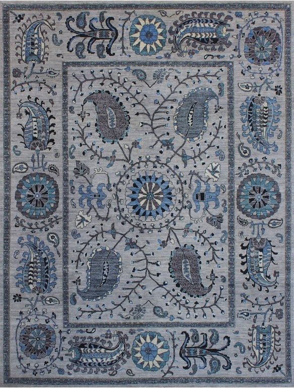 Timeless Elegance: Traditional Blue & Gray Woolen Rug 94SK616 - 9 X 12
