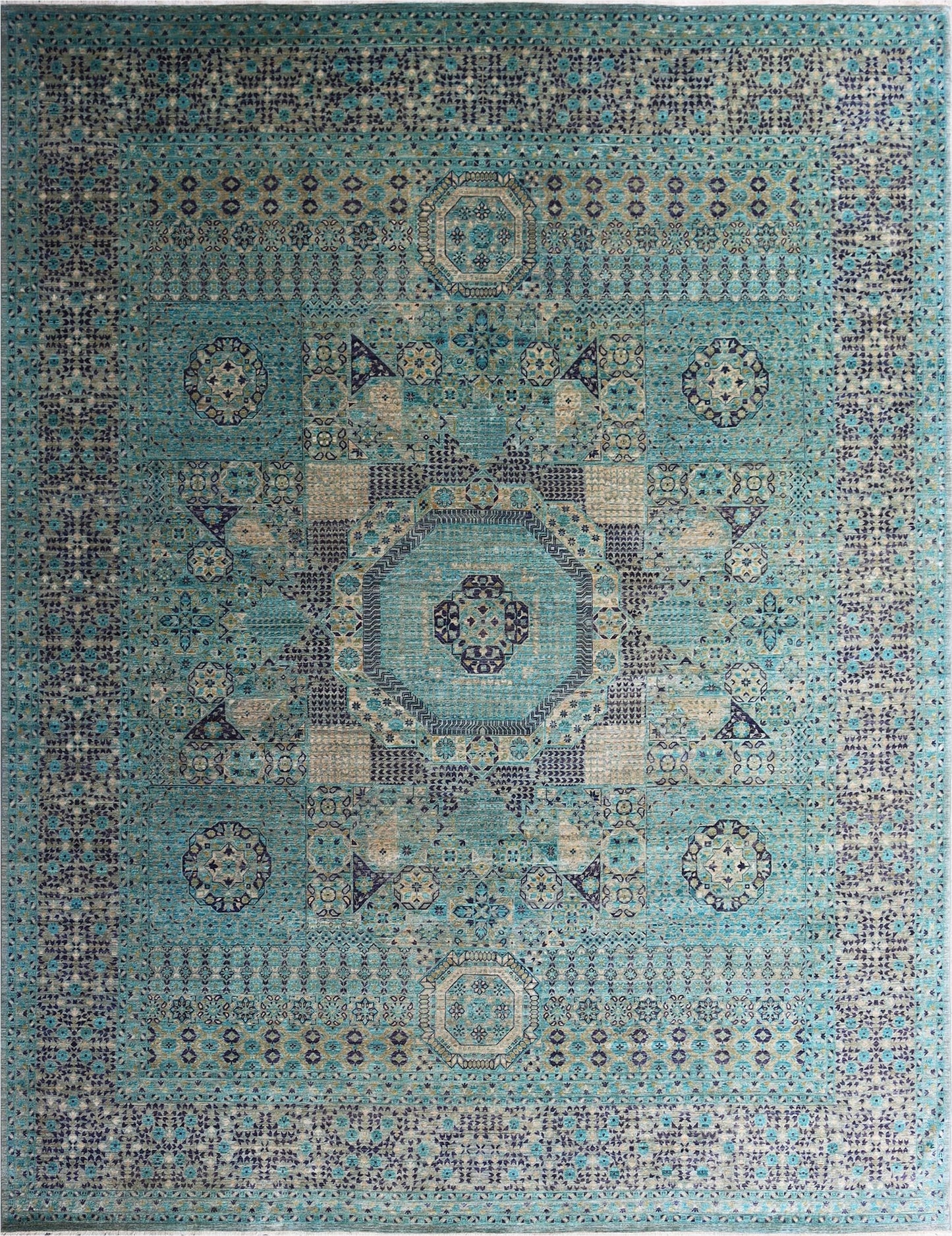 Elegant Turquoise Mosaic Woolen Rug 95SK36 - 12 X 16