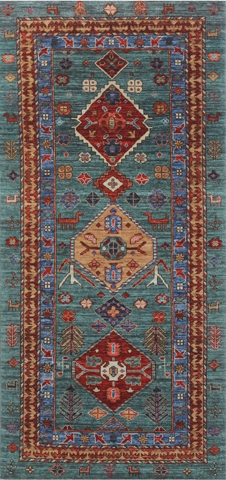Exquisite Teal and Red Geometric Woolen Rug 98SK342 - 2 X 6