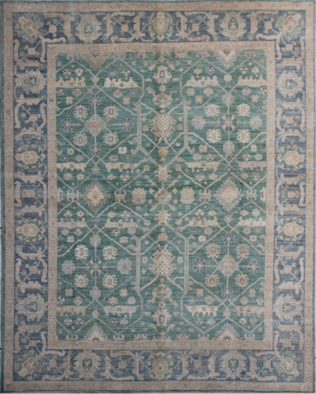 Elegance of Oushak: Teal and Beige Woolen Masterpiece 99SK343 - 8 X 10