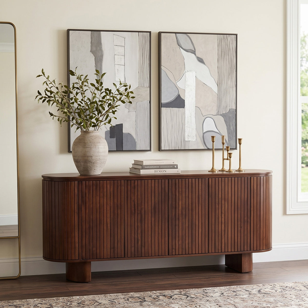 79" Aged Mahogany Fluted Wood Sideboard