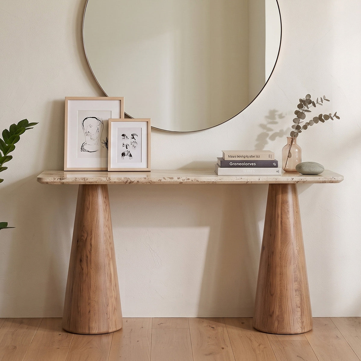 60" White Travertine and Light Mango Wood Console Table