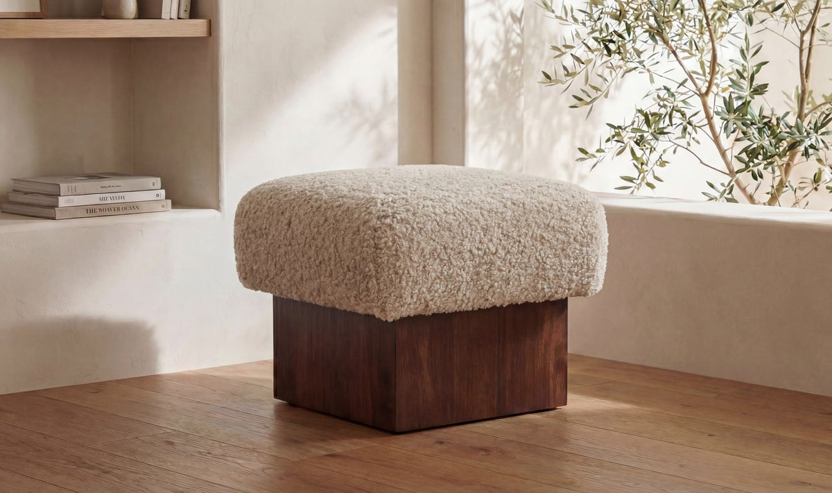 18" Cream Faux Shearling Ottoman