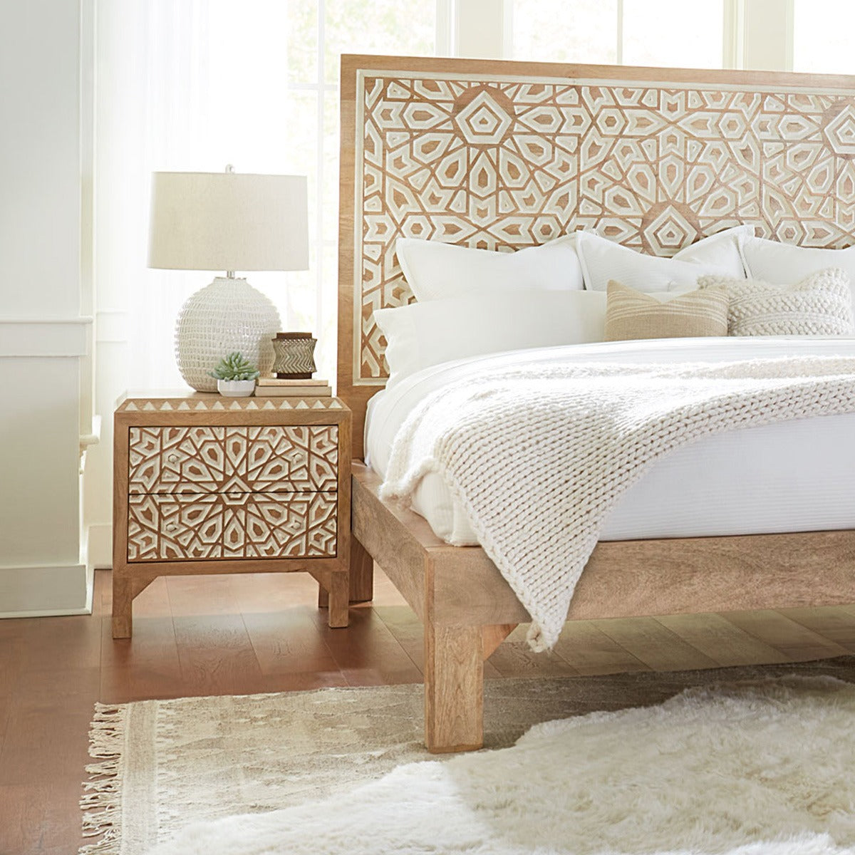 26" Carved Natural White Nightstand