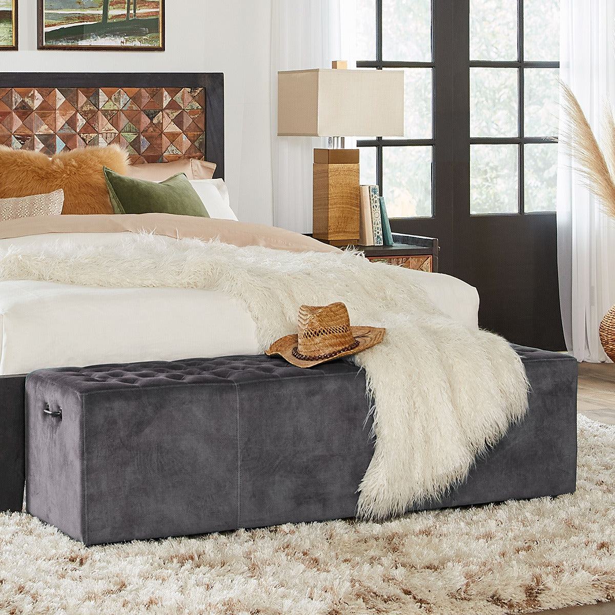 59" Asphalt Velvet Upholstered Bench