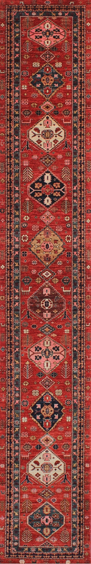 Elegant Red Woolen Runner with Geometric Patterns 87SK391	- 3 X 16
