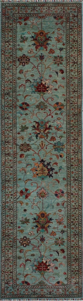Elegant Teal Floral Woolen Rug 94SK156 - 3 X 10