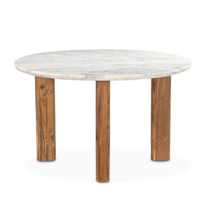 54" White Marble and Reclaimed Teak Wood Round Table