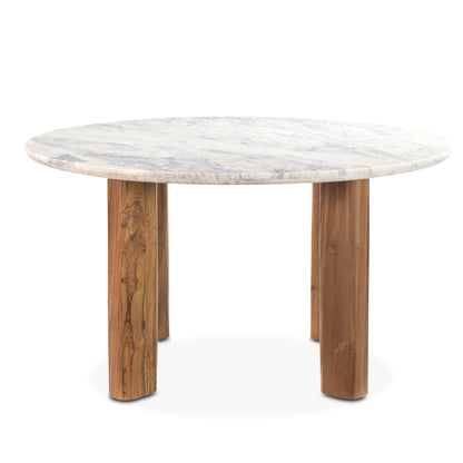 54" White Marble and Reclaimed Teak Wood Round Table