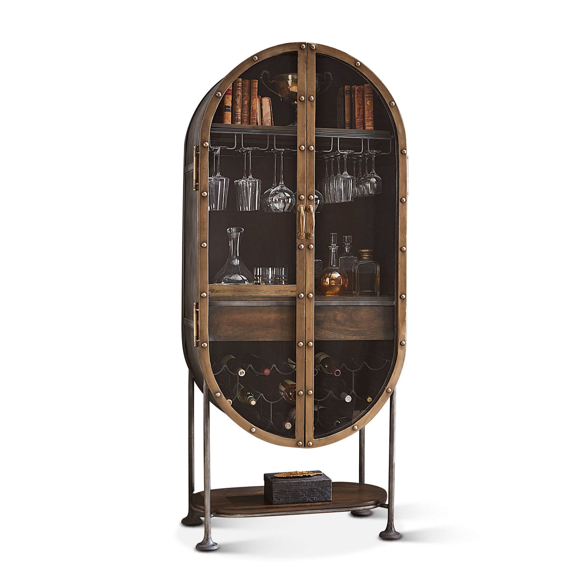 34" Dark Brown Oval Bar Cabinet