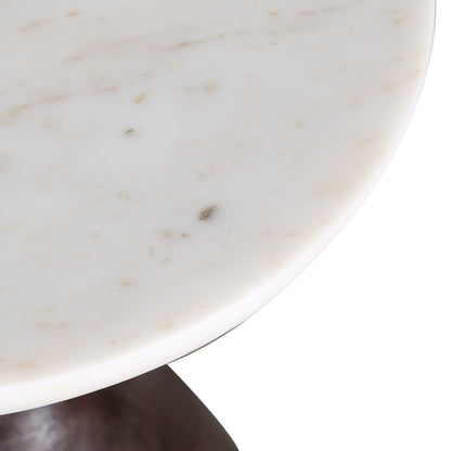 16" Walnut Wood and White Marble Side Table