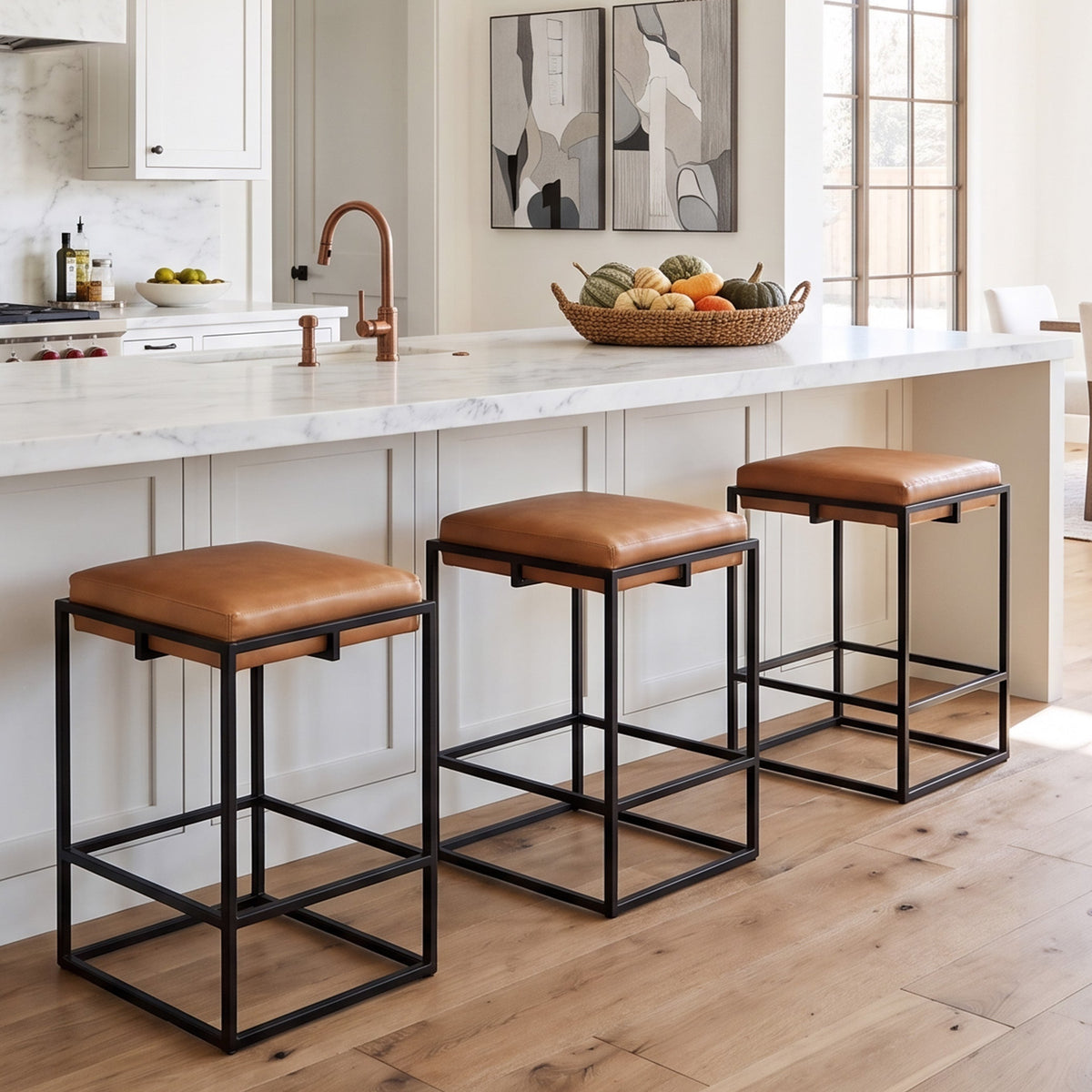 17" Cognac Leather Backless Counter Stool
