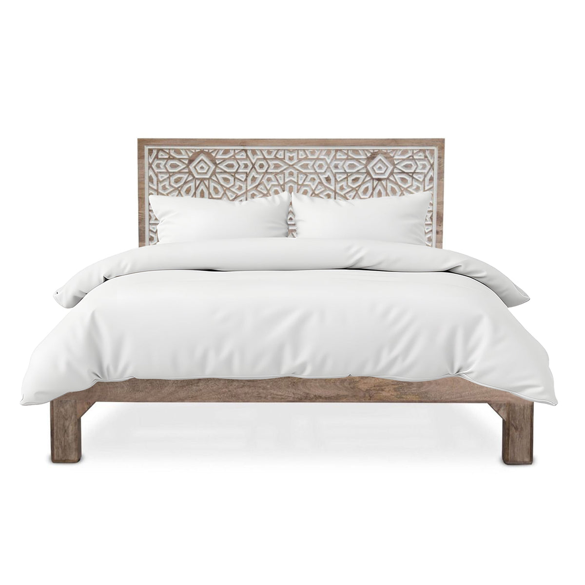 66" Carved Natural White Queen Size Bed