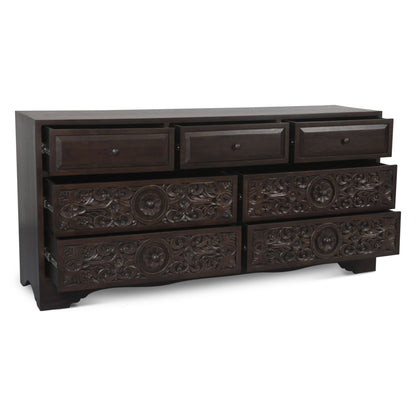 71" Hand-Carved Vintage Brown Dresser