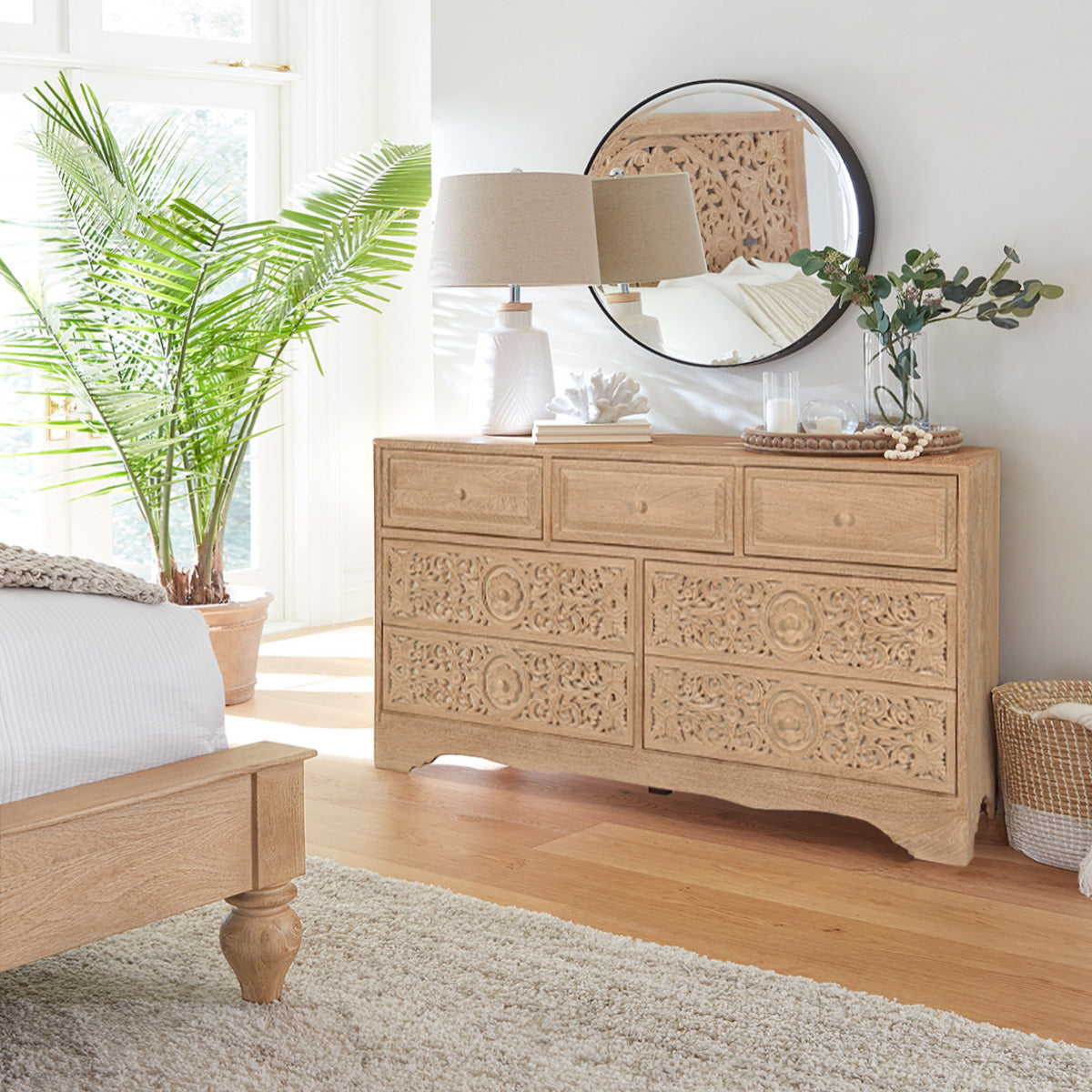 71" Hand-Carved Whitewash Dresser