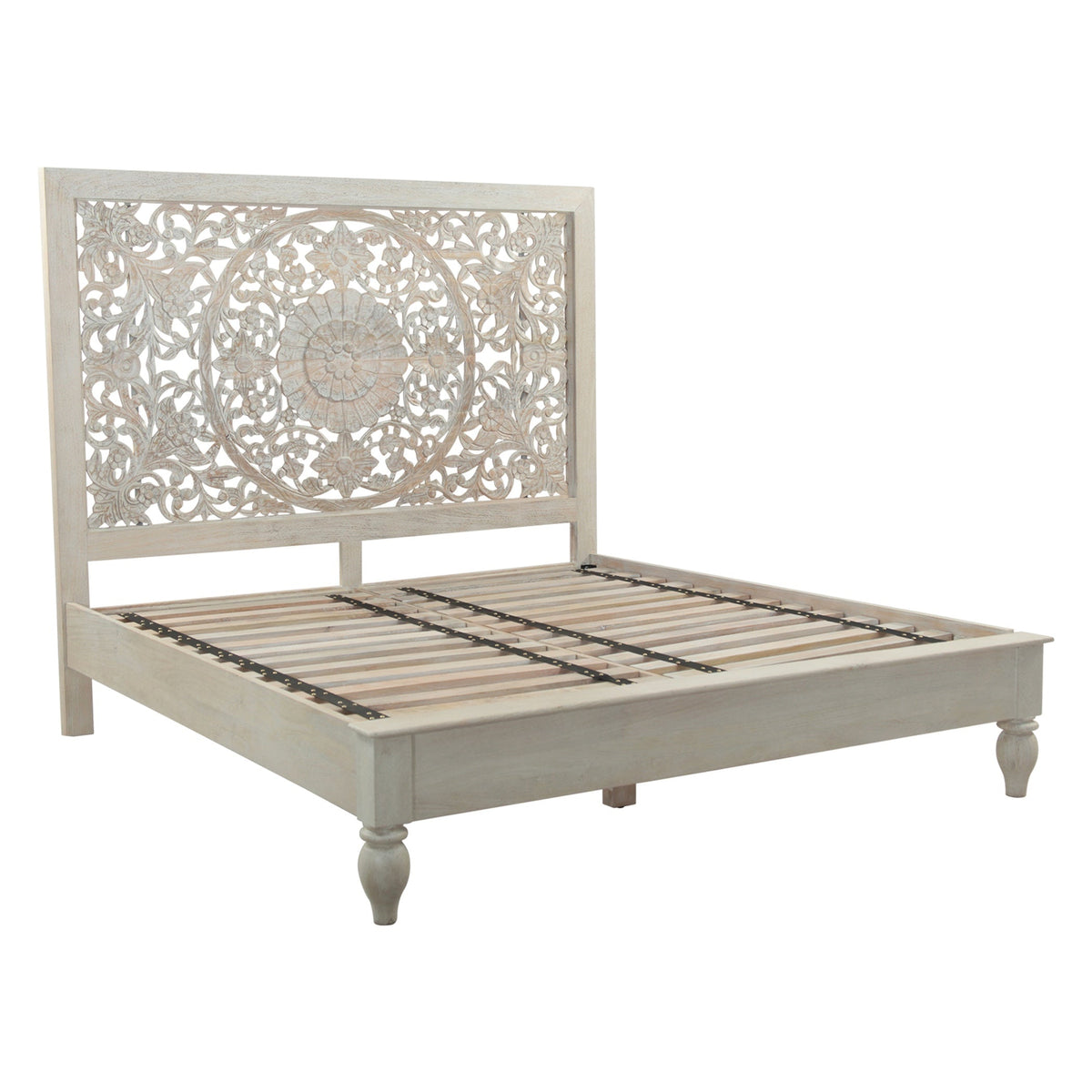 64" Hand Carved Heirloom White Mango Queen Bed