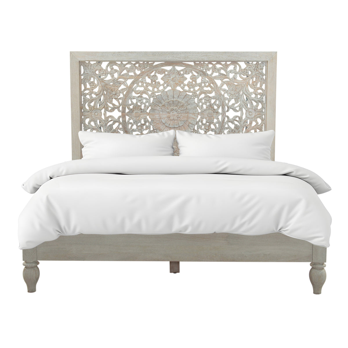 64" Hand Carved Heirloom White Mango Queen Bed