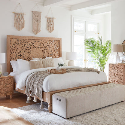64" Hand-Carved Whitewash Queen Size Bed
