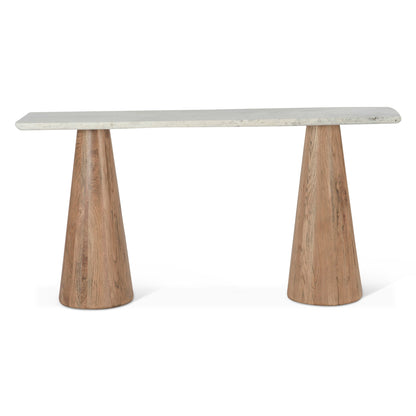 60" White Travertine and Light Mango Wood Console Table