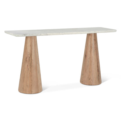 60" White Travertine and Light Mango Wood Console Table