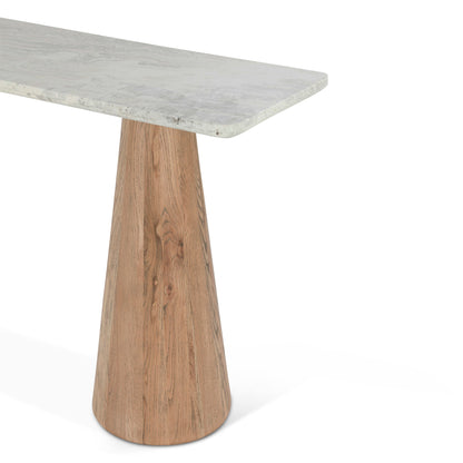60" White Travertine and Light Mango Wood Console Table