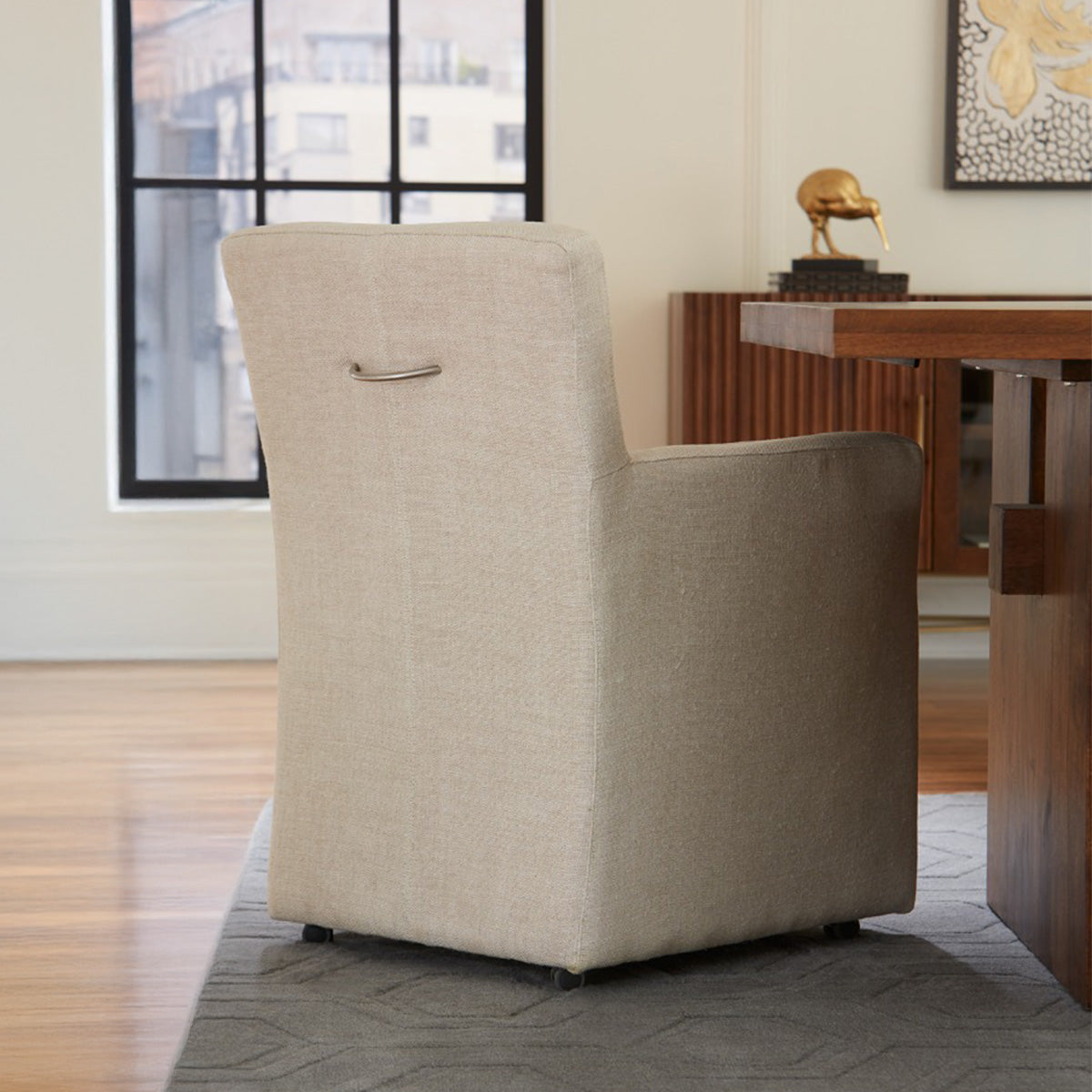 24" Beige Linen Wheeled Armchair