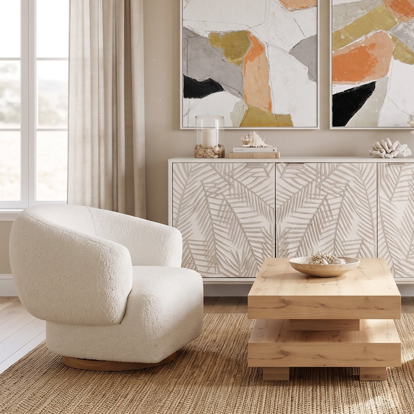 32" Cream Boucle Swivel Accent Chair