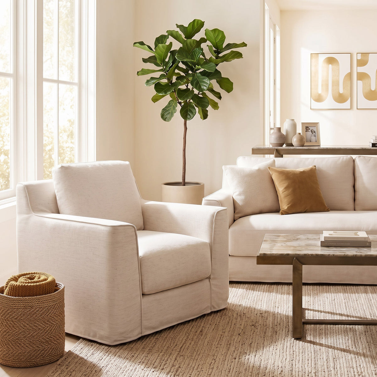 37" White Linen Slipcovered Accent Chair