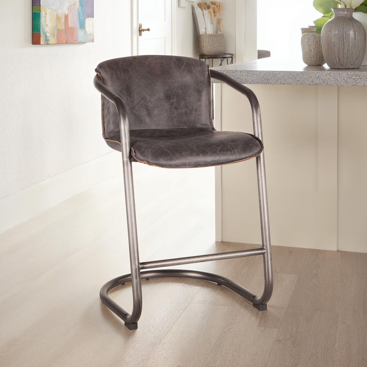 22" Antique Ebony Leather Counter Chair