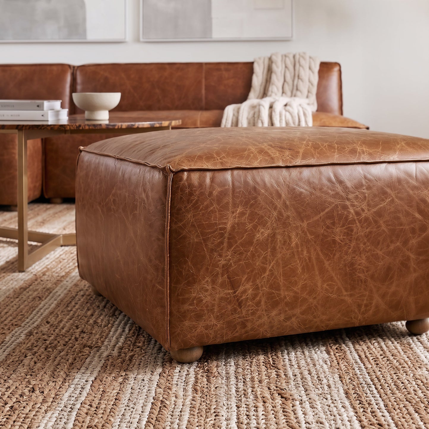 35" Cocoa Brown Leather Sectional Ottoman