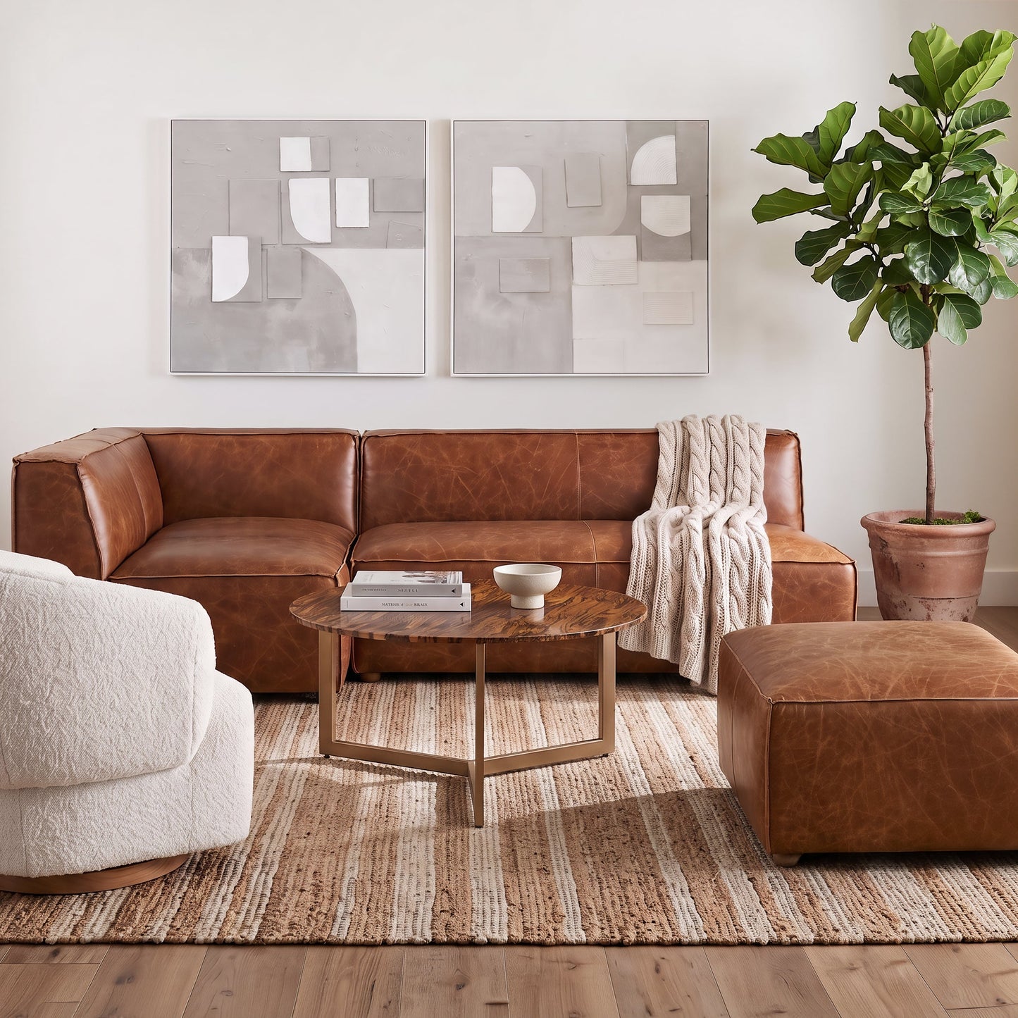 35" Cocoa Brown Leather Sectional Ottoman