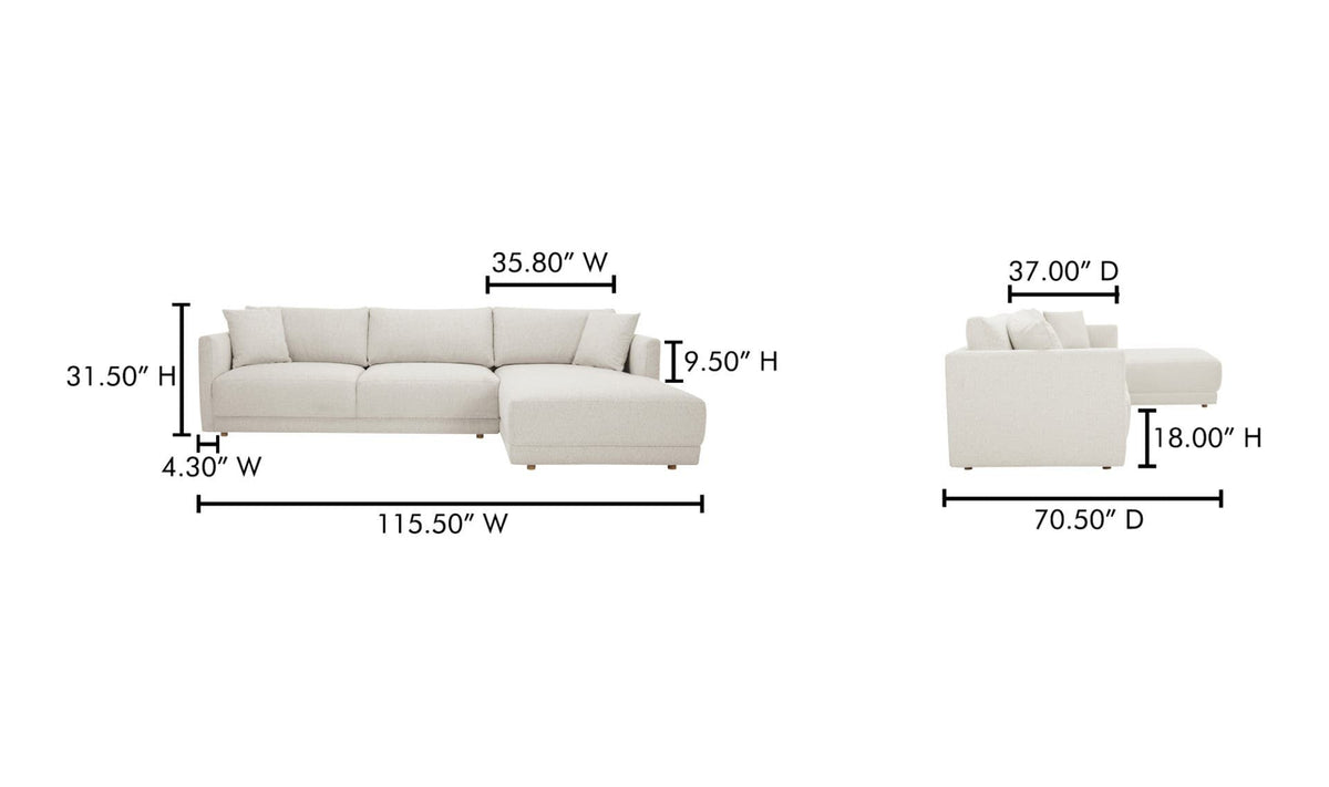 115.5" Oyster Upholstered Right Facing Sectional