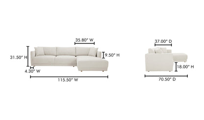 115.5" Oyster Upholstered Right Facing Sectional