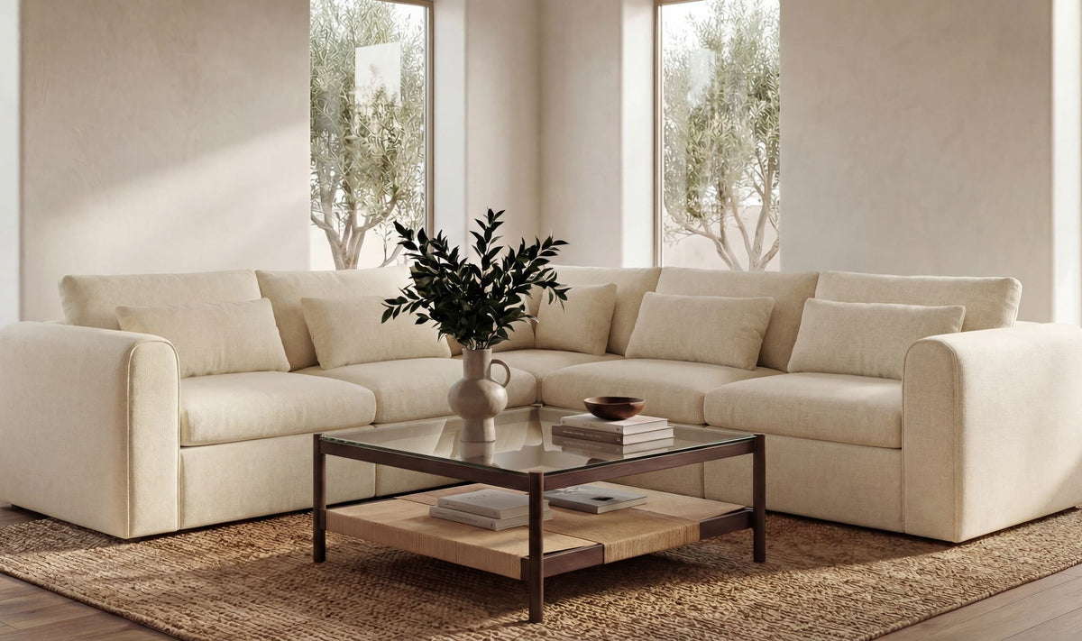 113.8" Light Beige Upholstered L-Shaped Modular Sectional