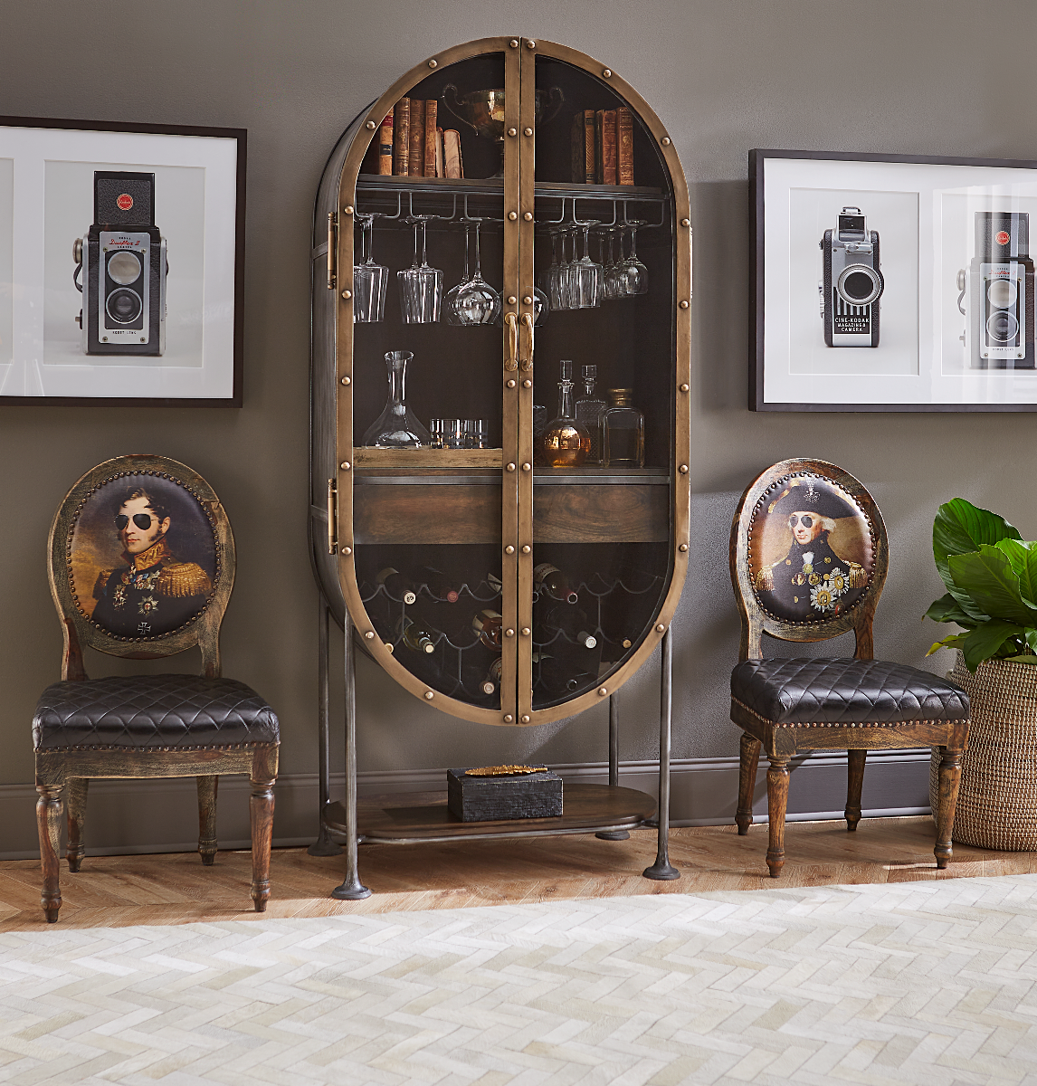 34" Dark Brown Oval Bar Cabinet