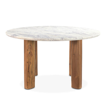 54" White Marble and Reclaimed Teak Wood Round Table