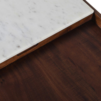 45" White Marble and Walnut Wood Coffee Table