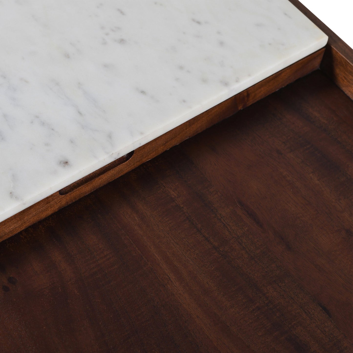 45" White Marble and Walnut Wood Coffee Table