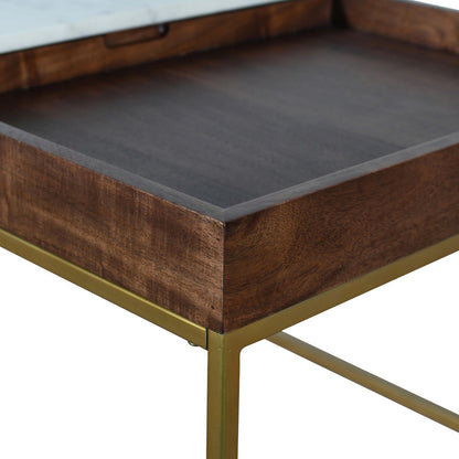 45" White Marble and Walnut Wood Coffee Table