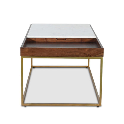45" White Marble and Walnut Wood Coffee Table