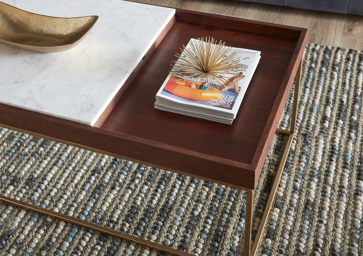 45" White Marble and Walnut Wood Coffee Table