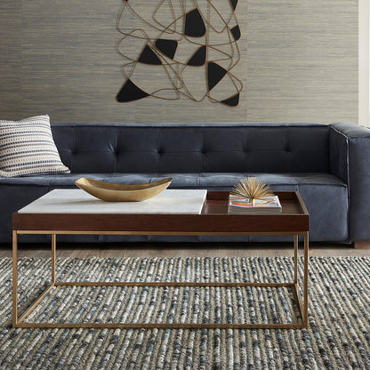 45" White Marble and Walnut Wood Coffee Table
