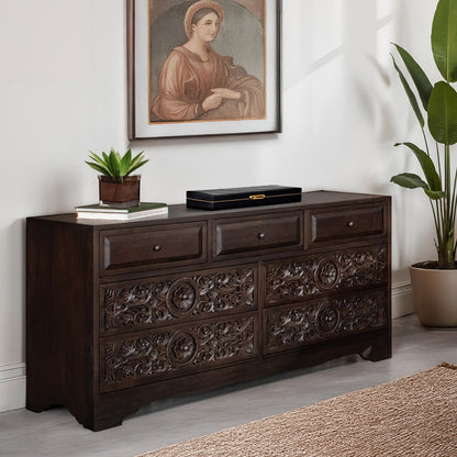71" Hand-Carved Vintage Brown Dresser