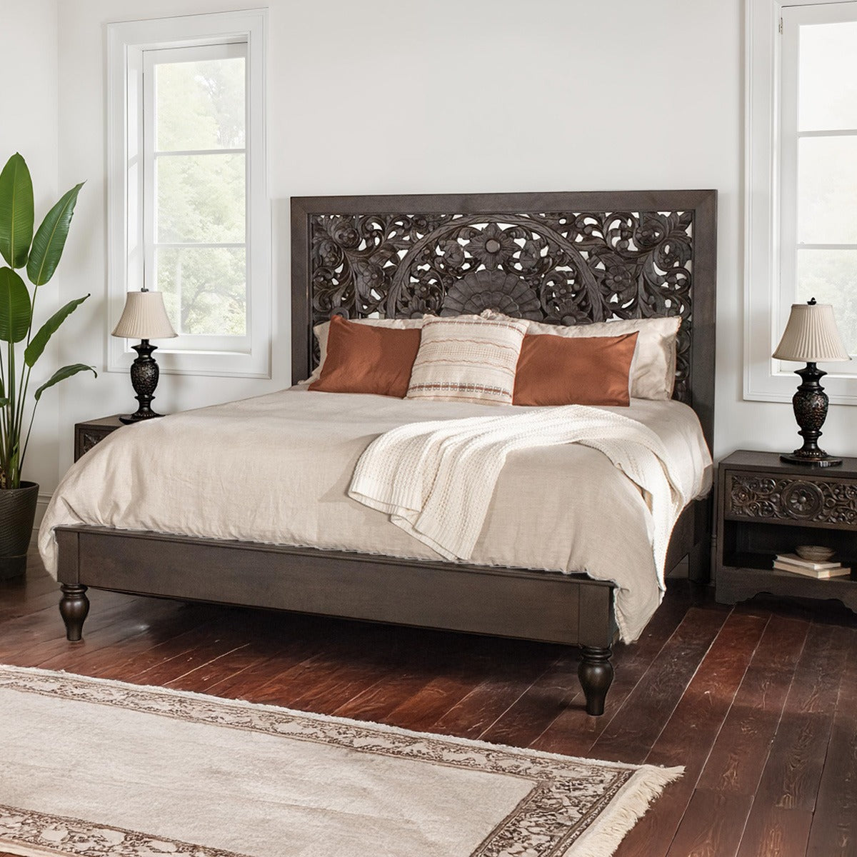 80" Hand-Carved Vintage Brown King Size Bed