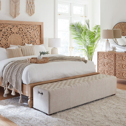 79" Beige Linen Upholstered Bench