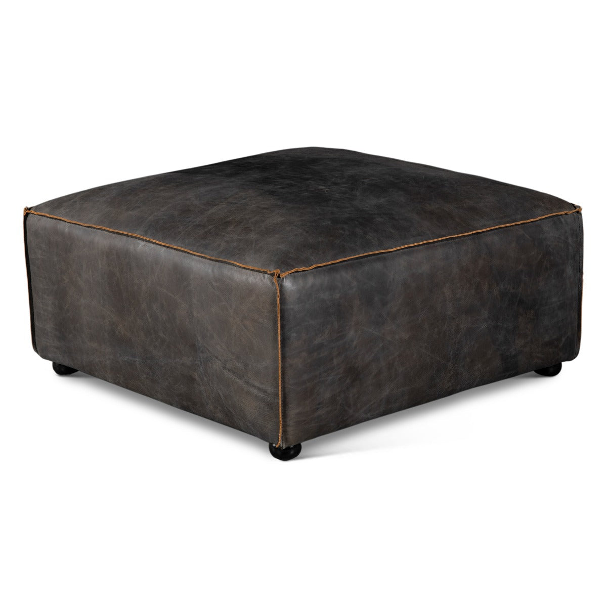 35" Antique Ebony Leather Sectional Ottoman