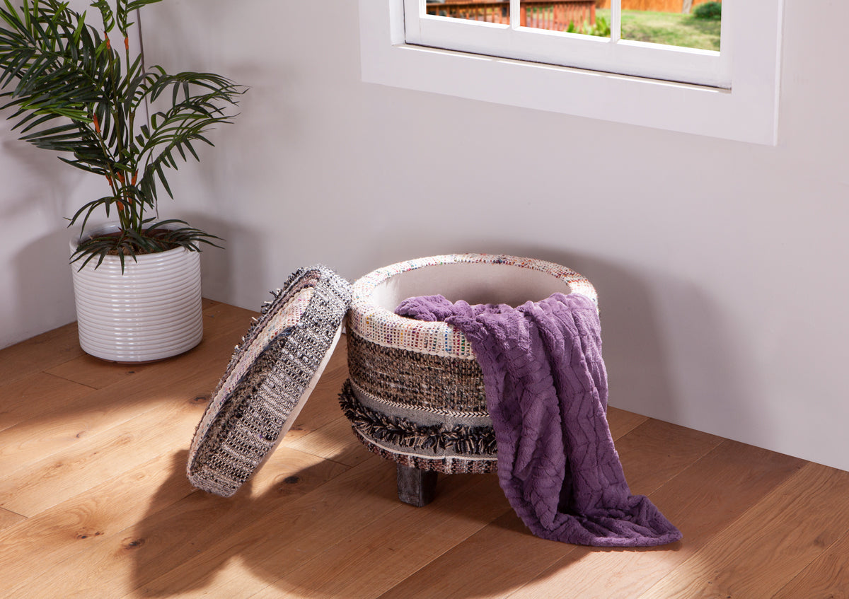 19" Moroccan Fluffy Black Accent Storage Stool